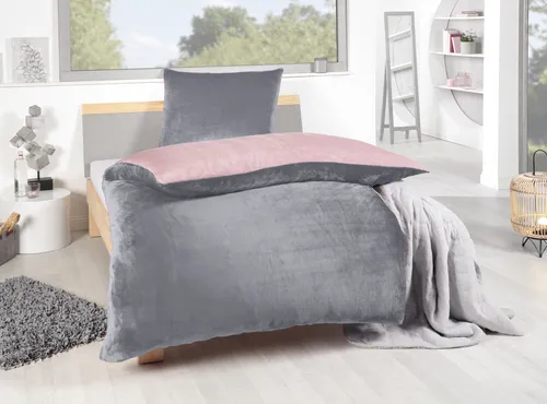 Bettwäsche Winter Flausch Cashmere Touch Uni Wende warm 2 teilig 135x200 mit RV Farbe Silber / Rosé