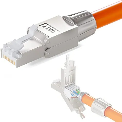 hb-digital 1x CAT 7 RJ45 Stecker Netzwerkstecker für starre LAN Kabel Verlegekabel Ethernet - werkzeuglos LSA - 10 Gbit/s AWG 22-24 vollgeschirmt STP 50μ vergoldete Kontakte