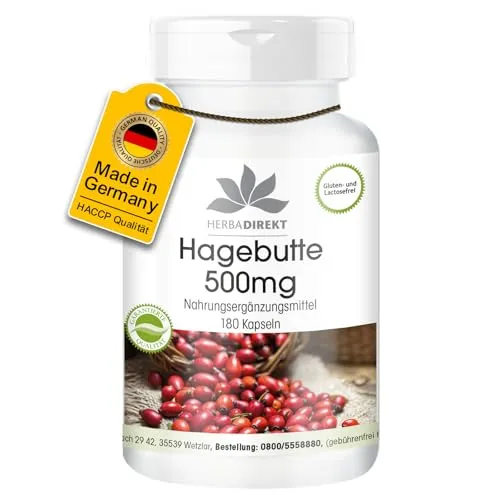 Hagebutten 500mg Kapseln - 180 Kapseln - hochdosiert - vegan - mit Acerola | HERBADIREKT by Warnke Vitalstoffe - Deutsche Apothekenqualität
