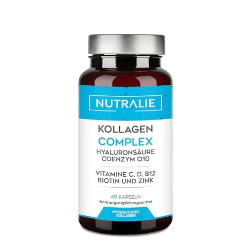 Nutralie Kollagen Hyaluronsäure Complex - 60 Kapseln - Kollagen-Präparate mit 370mg Hydrolysiertem Kollagen und 28,5mg Hyaluronsäure pro Kapsel, ergänzt durch Vitamin C, D, B12, Zink und Coenzym Q10 für eine umfassende Hautpflege.