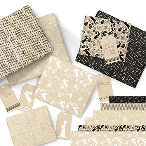 Papierdrachen 6 Bögen Geschenkpapier zu Ostern in der Größe 40x60 cm und 12 Geschenk-Anhängern sowie 5m weißes Baumwollband | Namensetikett Boho | zum Dekorieren von Ostergeschenken Set 2