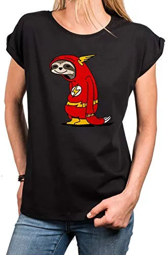 MAKAYA Lustiges Tshirt für Damen mit Aufdruck Kurzarm Rundhals Locker Geschnitten - Flash Faultier - Lustige Tshirts Geschenke Theory Schwarz Größe L