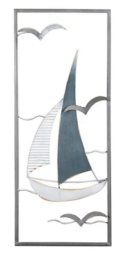 Levandeo® Wandbild, Metallbild 30x60cm Segelboot Wandbild Blau Grau Weiß Maritim