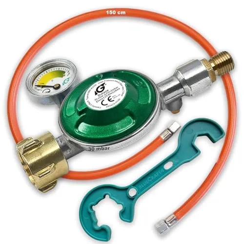 IGT Druckminderer Gas 30 mbar Gasdruckminderer Gasdruckregler für Propan-Butan-Gas, (150cm Gas-Schlauch und Gasregler Schlüssel), mit 360° Manometer Gas-Füllstandsanzeiger für Gasgrill Gaskocher