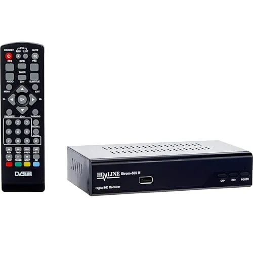 hd-line Strom 505 DVB-T2 Receiver - Full HD 1080p - DVB-T2 Receiver mit HEVC/H.265, ideal für gestochen scharfe HD-Qualität. Unterstützt Mediaplayer-Funktionen und bietet ein benutzerfreundliches Sprachmenü.