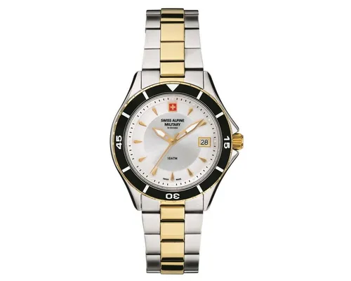 Swiss Alpine Military Schweizer Uhr - Hochwertige Schweizer Uhr mit Quarz-Antrieb, wasserdicht bis 10 bar. Elegantes Design in Silber und Gold, ideal für anspruchsvolle Träger.
