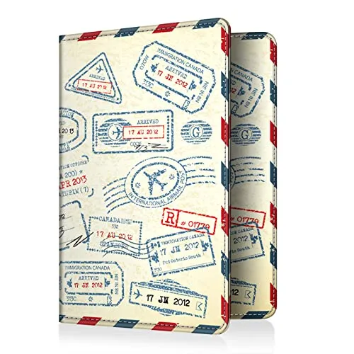 FINTIE Reisepass Impfpass Schutzhülle - Premium Kunstleder Reisepasshülle Travel Organizer mit RFID-Blockier für Kreditkarten, Ausweis, Reisedokumente Damen Herren, Stempel Design