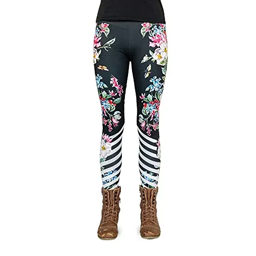 cosey - Bunte Bedruckte Blumen-Leggings (Einheitsgröße) - Design Flowers and Stripes