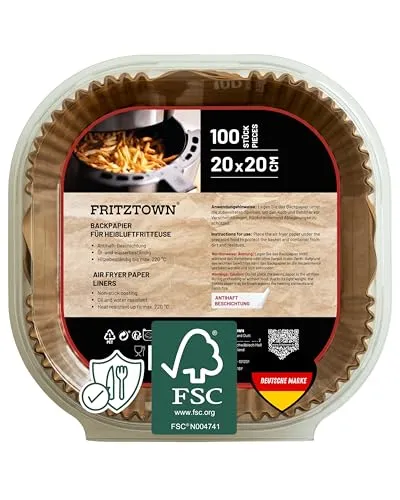 FRITZTOWN Backpapier für Heißluftfritteuse 4,5L-8L | Air Fryer Backpapier Pergamentpapier | 200 Blatt 20x20 cm Quadratisch | Kompatibel mit Ninja COSORI Philips Cecotec Midea Russell XL XXL Airfryer