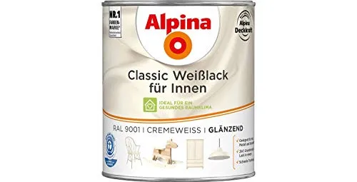 Alpina Classic Weißlack für Innen Cremeweiß (RAL 9001) glänzend 750 ml - Hochwertige Wandfarbe in Cremeweiß, ideal für ein elegantes Raumgefühl und mit glänzender Oberfläche für perfekten Glanz.