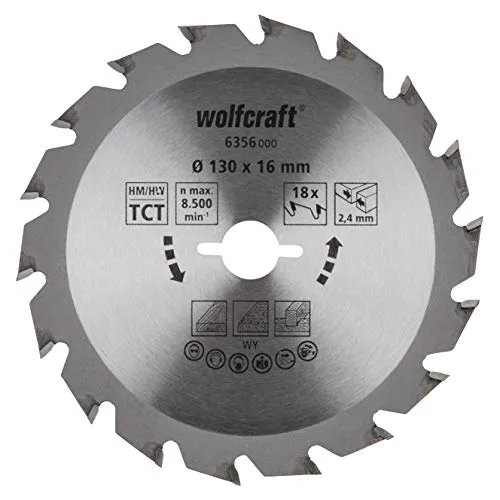 Wolfcraft 6356000 Hartmetall Kreissägeblatt 130 x 16mm - Kreissägeblatt mit 18 Zähnen für präzise Schnitte in Holz und Kunststoff, langlebig und robust für professionelle Anwendungen.