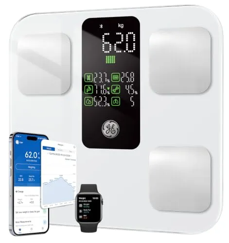 GE Körperfettwaage Smart Großem Display, Personenwaage 14 Körpermaße 180kg | Digital Waage mit Körperfett und Muskelmasse mit APP, BMI, Bluetooth