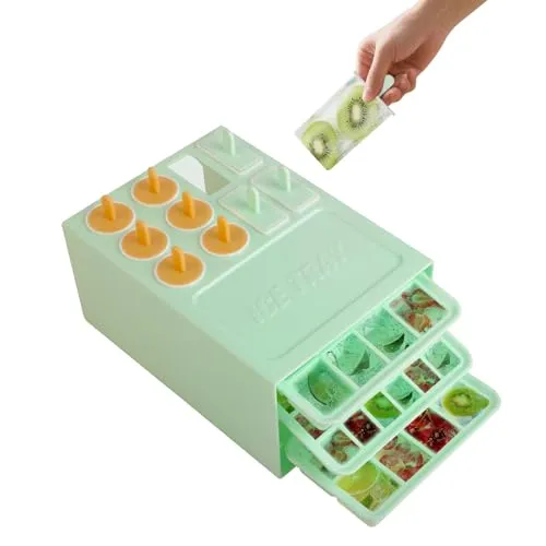 3-in-1 Eisformen Set - 10 Wiederverwendbare Eis am Stiel Formen & 3 Silikon Eiswürfelformen mit Deckel - BPA-frei,Ideal für Eis - Babybrei & Getränke