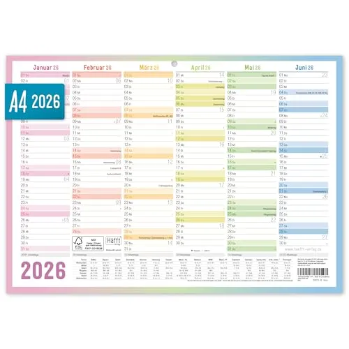Häfft® Premium Tafelkalender 2026 A4 quer mit Ferien & Feiertagen, 850g/m² Karton - Jahresplaner, Wandkalender, Jahreskalender