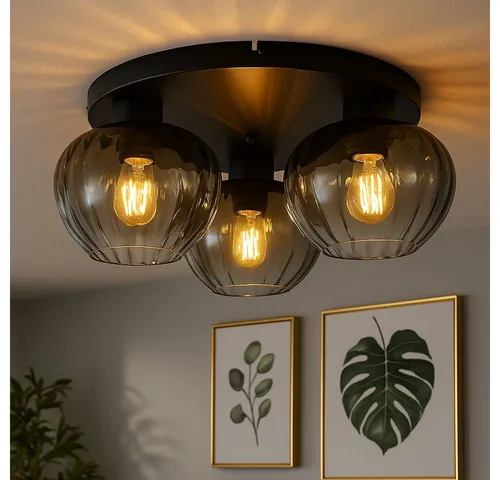 NOWA LED Deckenleuchte Schwarz, 45 cm - Elegante 3-flammige Deckenleuchte aus Rauchglas für geschlossene Räume. Inklusive warmweißer Leuchtmittel, ideal für stimmungsvolle Beleuchtung im Wohnbereich.