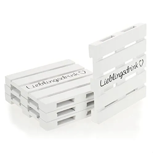com-four® 4X Untersetzer aus Holz - Mini Paletten mit Schriftzug Lieblingsdrink als Untersetzer für Getränke - Holzuntersetzer - Küchen- und Barzubehör (04 Stück - weiß)