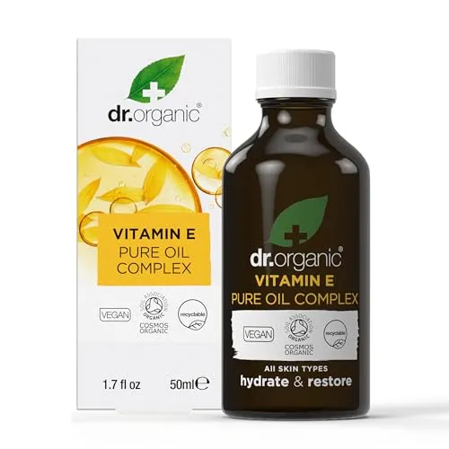 Dr Organic Reines Vitamin E Öl, Hydratisierend, Ätherisches Öl, Für alle Hauttypen, Natürlich, Vegan, Tierversuchsfrei, Paraben- & SLS-frei, Biozertifiziert, 50ml