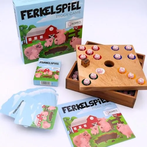 ROMBOL Ferkelspiel Premium - Lustiges Würfelspiel für die ganze Familie - Gesellschaftsspiel für 2-6 Spieler, ideal für Kinder ab 6 Jahren. Mit 49 Spielkarten für zusätzliche Ereignisse und Aufgaben sorgt es für unvergesslichen Spielspaß!
