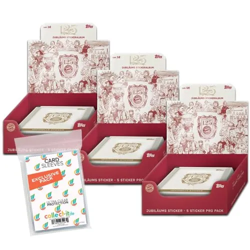 FC Bayern München 125 Jahre - Sammelsticker Bundle mit 3 Displays - Entdecken Sie das exklusive Sammelsticker Bundle mit 90 Tüten und speziellen Hüllen für Ihre Sammlerstücke – perfekt für Fans und Sammler! Ideal zur Präsentation Ihrer Lieblingskarten.