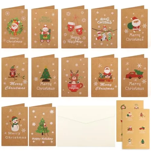 XIANGLONGY Kleine Weihnachtskarten 26 Stück mit Umschlägen & Aufklebern | Klappbare Kraftpapierkarten mit verschiedenen Weihnachtsmotiven, für Familie, Freunde, Kollegen, Geschenke & Weihnachtsgrüße