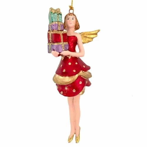 Engel Weihnachten Baumschmuck Figur Deko Hänger Christbaumschmuck Ornament 15 cm (mit rotem gepunktetem Kleid und Geschenken)