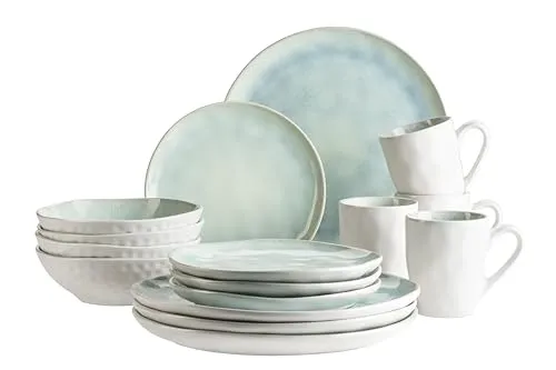 MÄSER Serie Frozen Geschirr Set 16 tlg (grün) - Tafelservice im Hammerschlag-Stil mit besonderer Haptik, spülmaschinen- und mikrowellengeeignet. Ideal für stilvolle Tischdekoration.