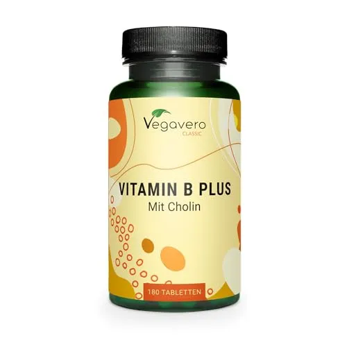 Vitamin B Komplex Vegavero | Alle 8 B-Vitamine | Mit Cholin | Vegan | Deutsche Produktion | 180 Tabletten (6 Monate)