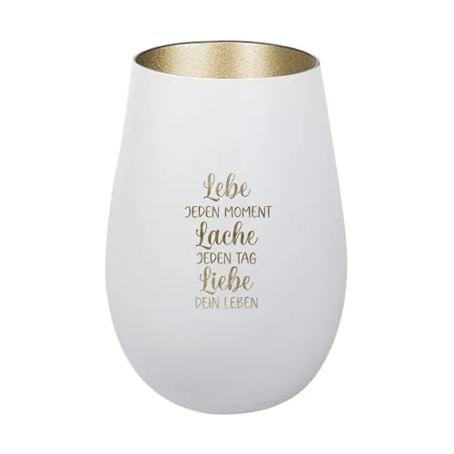 Der-Porzellan-Laden Windlicht mit Gravur Lebe jeden Moment Lache jeden Tag, Weiß Gold, Teelichthalter aus Glas mit Spruch, Tischdeko modern