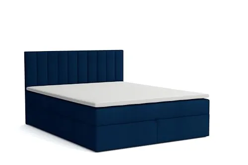 Boxspringbett mit Bettkasten ZADAR, Polsterbett mit Bonellmatratze Topper Doppelbett mit Stauraum gepolstertes Kopfteil, Doppelbett Schlafzimmer Härtegrad H3 (Trinity 30 - dunkelblau, 120 x 200 cm)