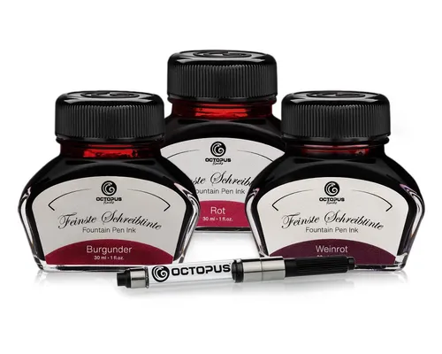 OCTOPUS Fluids 3 x 30 ml Schreibtinte mit Konverter - Hochwertiges Tinten-Set mit 3 x 30 ml in Burgunder, Rot und Weinrot. Ideal für Füllhalter, mit praktischem Tintenkonverter für flexibles Nachfüllen. Perfekte Farbbrillanz und angenehmes Schreibgefühl – Made in Germany.