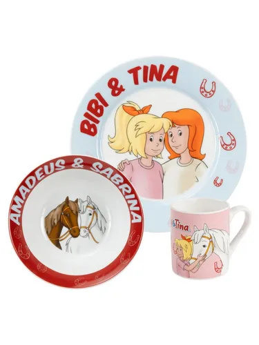 United Labels® Frühstücks-Geschirrset Bibi & Tina - 3-teiliges Porzellan Set - Frühstücksset für Kinder mit Bibi & Tina Motiven - 3-teiliges Geschirr aus hochwertigem Porzellan, spülmaschinen- und mikrowellengeeignet, ideal für einen fröhlichen Start in den Tag!