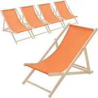 5er Set Klappbare Liegestühle aus Kieferholz - Gartenliege in Orange - Kategorie: Liegen, klappbar und leicht, ideal für Strand und Garten, modernes Design aus robustem Kieferholz, max. Belastung bis 120 kg.