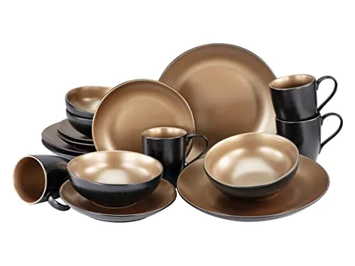 CreaTable Glamour Gold 16-tlg. Kombiservice - Kombiservice aus Steinzeug, 16 Teile mit glanzvoller Glimmer-Spezialglasur für elegantes Ambiente, spülmaschinen- und mikrowellengeeignet.