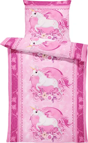 Kinderbettwäsche 135x200 cm Einhorn Unicorn Pferde rosa pink Blumen Microfaser