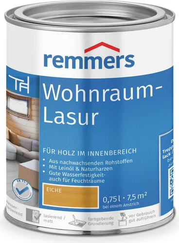 Remmers Wohnraum-Lasur Eiche, 0,75 Liter - Beizen – Premium Holzlasur für innen mit Abperleffekt, ideal für Möbel, Böden, Innentüren und Treppen, wasserbeständig und chemikalienbeständig.