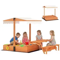 AIYAPLAY Sandkasten mit Dach und Picknicktisch für 6 Kinder - Vielseitiger Sandkasten aus robustem Tannenholz mit verstellbarem Sonnenschutz und klappbarem Picknicktisch. Ideal für kreative Spielstunden im Freien und sorgt für sauberen Sand nach dem Spielen.