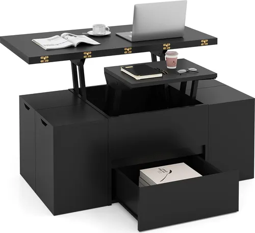 COSTWAY 3-in-1 Couchtisch mit Hockern und Stauraum