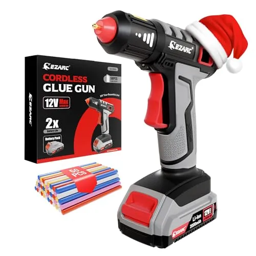 EZARC Heißklebepistole Akku, 15S Schnelle Aufheizung, 12V Heißklebepistole Kabellos für Heimwerkerarbeiten, Heimreparaturen, Schulprojekte, Dekorationen, Heissklebepistole mit 50 Klebestiften, Grau