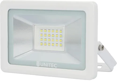 UNITEC LED Strahler für Außenbereich, 20 Watt, 1600 Lumen, 6500 Kelvin, weiß, IP65, Aluminiumdruckguss, Sicherheitsglas, inkl. Kabelanschluss mit Steckverbindung und Schnellmontagebügel