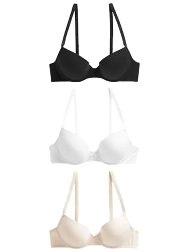 NEXT Damen Gepolsterter Plunge-BH 3 x Dekolletés-BHS aus Baumwollgemisch mit Pads Schwarz/Weiß/Pastell Rose Nude 70 B