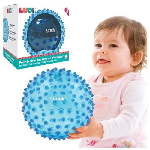 Ludi - Blauer Massageball - Sinneserweckung für Babys ab 6 Monaten - Stimulation, Geschicklichkeit und Koordination - 100% PVC - Waschbar - Ø 20 cm - entlastet die Zähne und fördert das Spiel