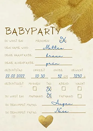 EMI&SAM Babyparty Wunschkarten Karten Junge & Mädchen Wünsche Baby Shower 20 St (Gold)