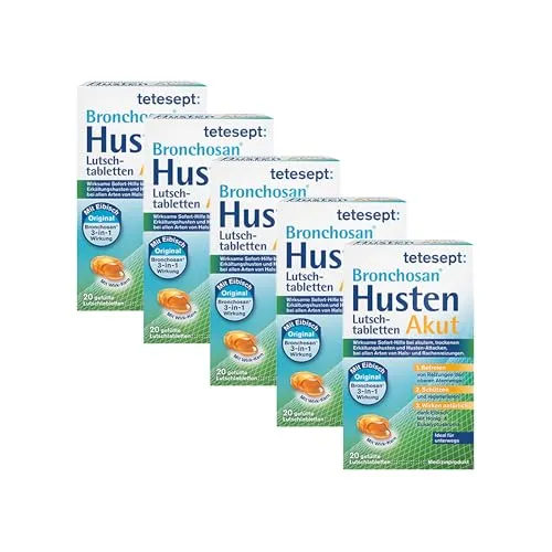 tetesept Bronchosan Husten Akut, Hustenbonbons, 5 x 20 Lutschtabletten | Bei Erkältungshusten & Rachenreizungen, mit Eibischextrakt, Honig & Eukalyptusaroma, gluten- & laktosefrei, ab 6 Jahren