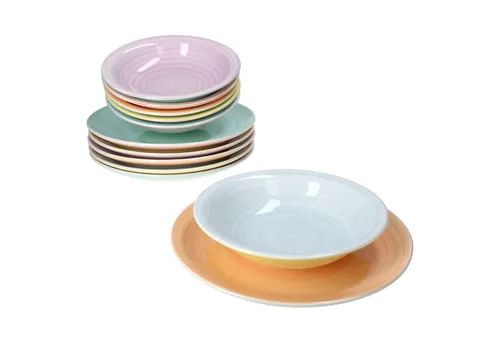 MamboCat Tafelservice Pastello 12-tlg. Set - Farbenfrohes Tellerset aus Steingut mit einzigartiger Strudeloptik. Ideal für Hauptgerichte und Suppen, spülmaschinenfest und perfekt für jeden Anlass.