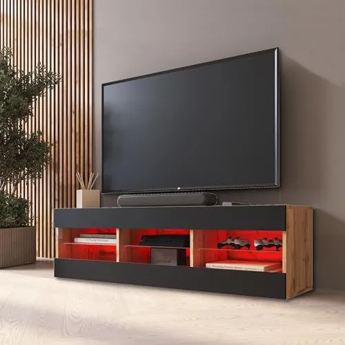 Komodee TV Schrank Tivoli, Schwarz/Wotan, Breite 140cm x Höhe 40,5cm x Tiefe 35,5cm, LED RGB, für Wohnzimmer, Schlafzimmer