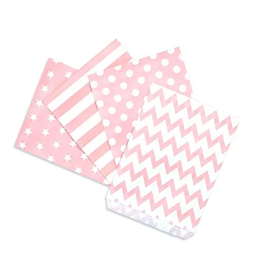 Frau WUNDERVoll® 100 PAPIERTÜTEN ROSA, STERNE, STREIFEN, PUNKTE, ZACKEN 13 x 16,5 cm, 45 Gramm Papier, flach / Candy Bar, Hochzeit, Kindergeburtstag, Papiertütchen, Candybag, Tüten, Mitgebseltüten