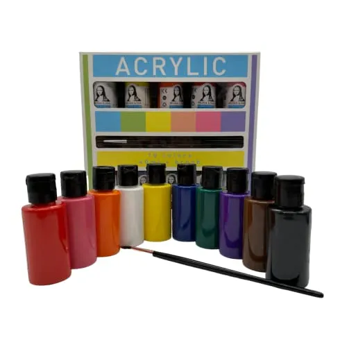 Bastelzone MALFARBEN-SET mit PINSEL. 10 Farben je 36ml. Hochpigmentierte und deckende Acrylfarben für Leinwand, Holz, Stein, Papier, Metall usw.
