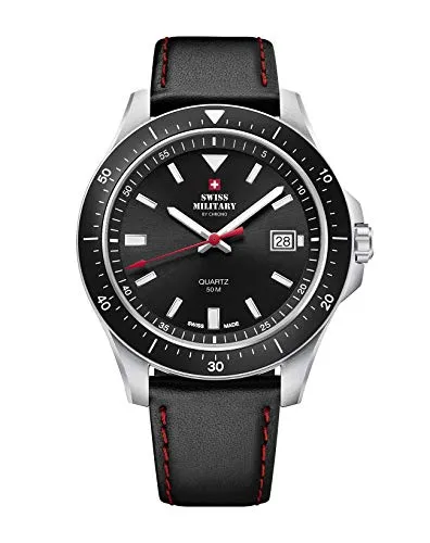 Swiss Military by Chrono Herren Uhr Armbanduhr Quarzuhrwerk mit Lederarmband Analoge Herrenuhr Silber SM34082.04