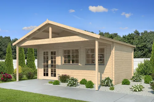 Fjordholz Gartenhaus Modell Rolf 44 B mit Vordach - Robustes Gartenhaus aus 44mm nordischer Fichte mit stabilem Vordach. Ideal für Gartenliebhaber, bietet viel Platz und eine hochwertige Verarbeitung für langanhaltende Freude im Freien.