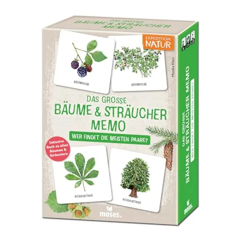 moses. Expedition Natur - Das große Bäume & Sträucher Memo, Lernspiel für Kinder ab 6 Jahren, Memo-Spiel mit Baum- & Blatt-Paaren, inkl. 48-seitigem Sachbuch, Natur entdecken & Pflanzen bestimmen